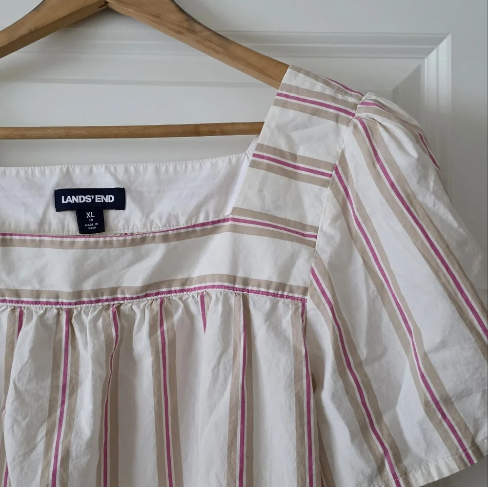 Land's End Striped Cotton Square Neck Blouse Womens Size XL Cream Cottage Core - Picture 4 of 7